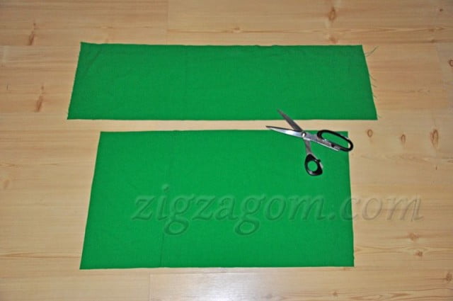 Отмеряем и вырезаем из зеленой ткани два прямоугольника