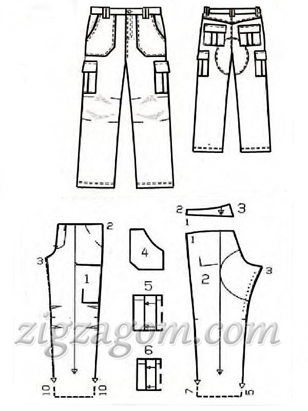 Схематический рисунок мужских брюк в стиле "карго"