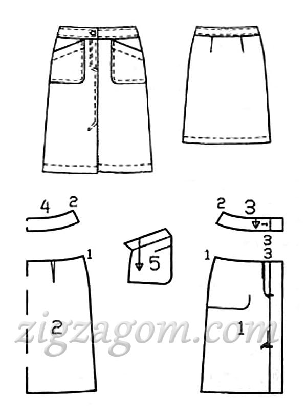 Схематичный рисунок и выкройка юбки из джинсы