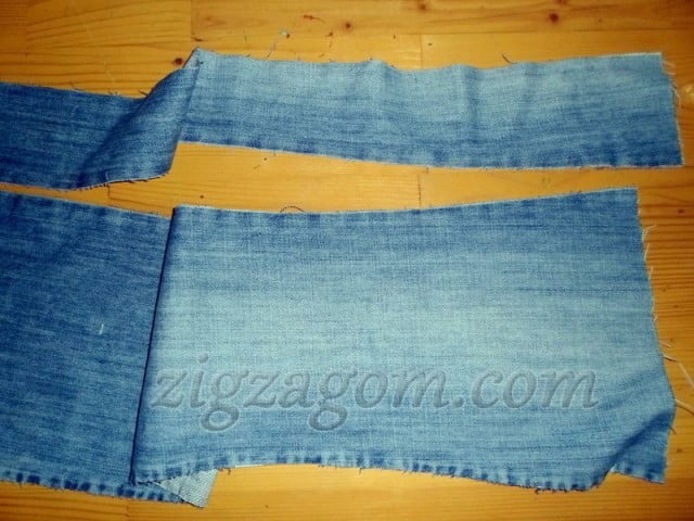 Из четверти других ранее разрезанных джинсов отрезаем куски, чтобы обработать верх переда и спинки